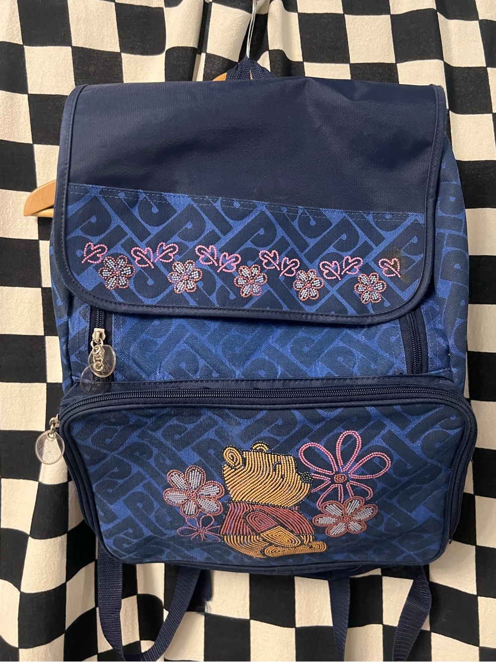 Navy Blue Embroidered Bear Backpack with Floral Accents